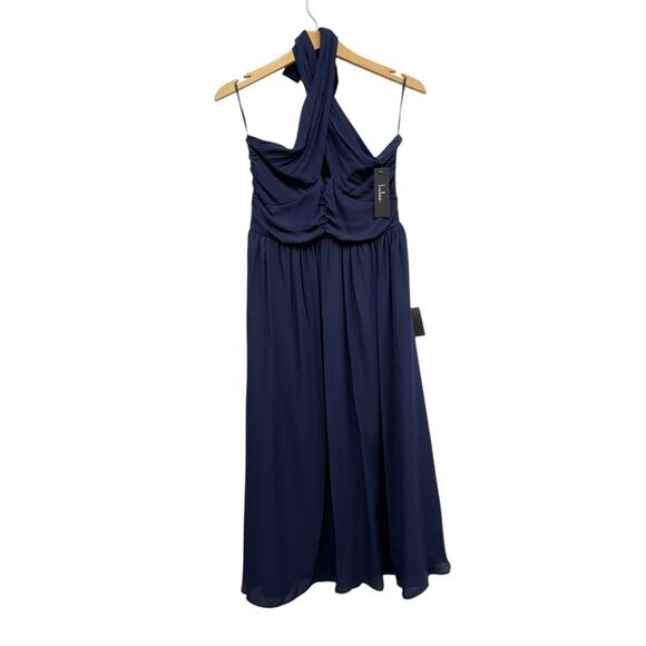 Lulus Emrah Navy Cross-Front Cutout Halter Midi Dress size Medium NWT - Picture 2 of 5
